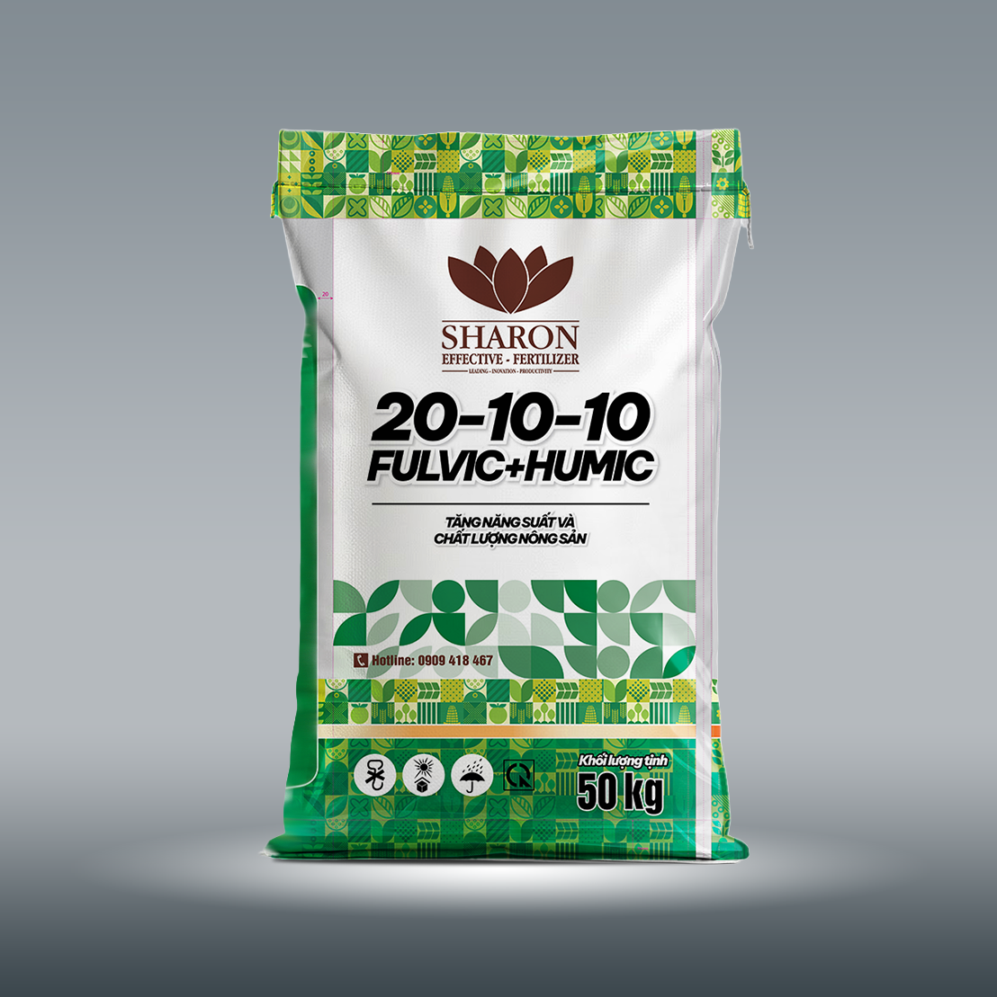 Phân bón NPK IPLUS SHARON 20-10-10 FULVIC+HUMIC giúp tăng năng suất và chất lượng nông sản.